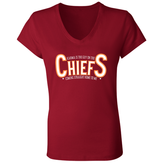 Swifty Karma Kelce Chiefs Shirt | Jersey # On Back | Ladies' Jersey V-Neck T-Shirt