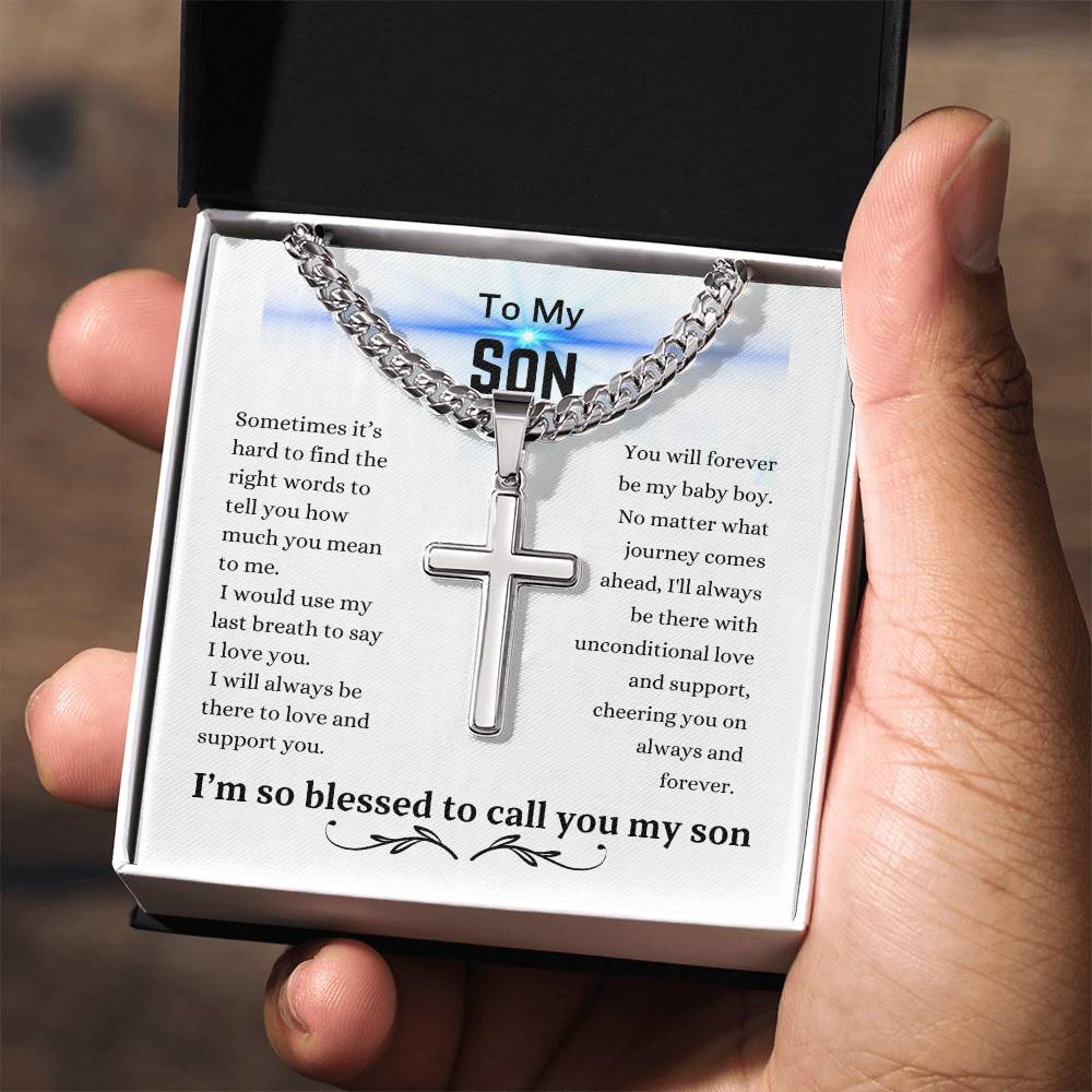 To My Son | Cuban Chain with Artisan Cross Necklace | My Baby Boy