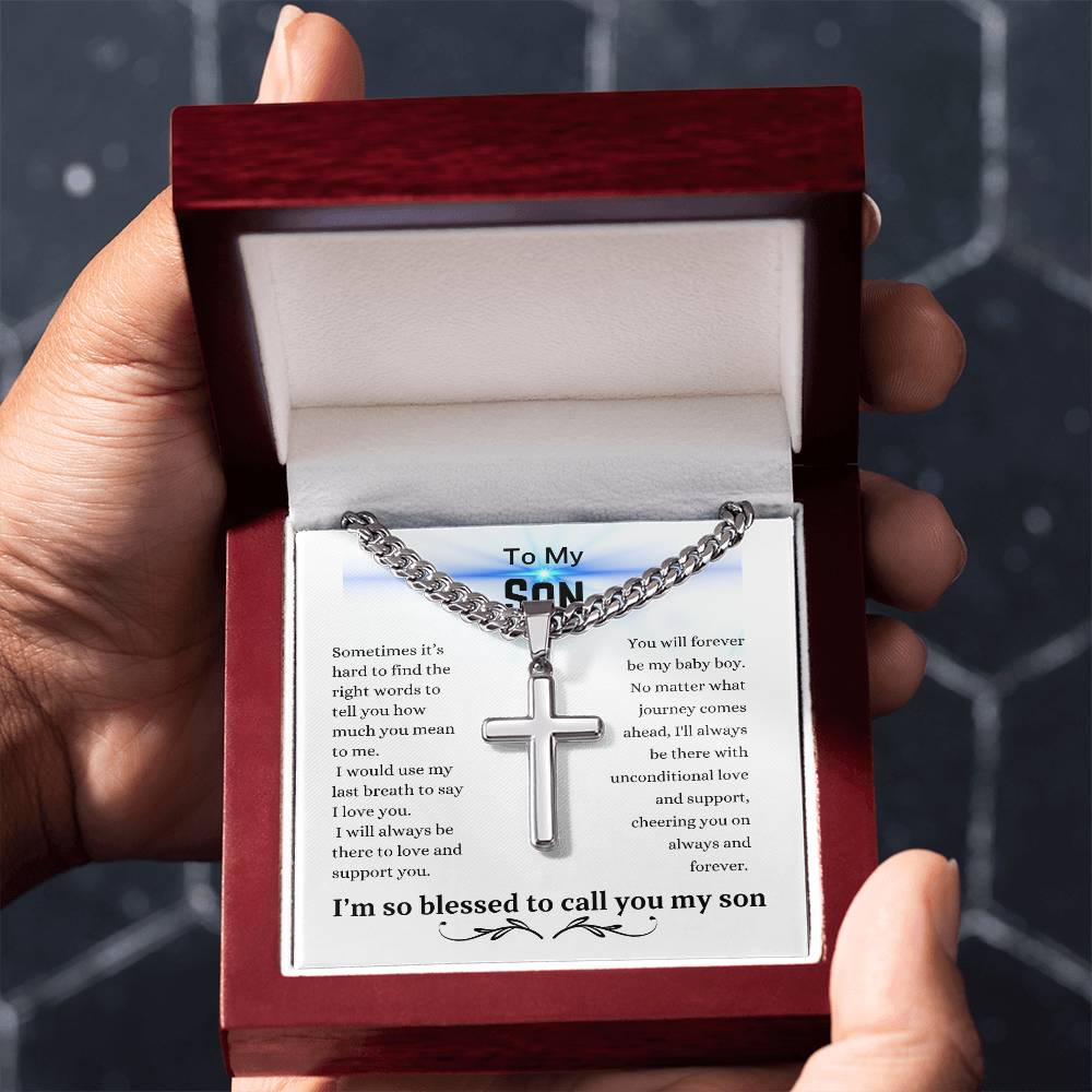 To My Son | Cuban Chain with Artisan Cross Necklace | My Baby Boy