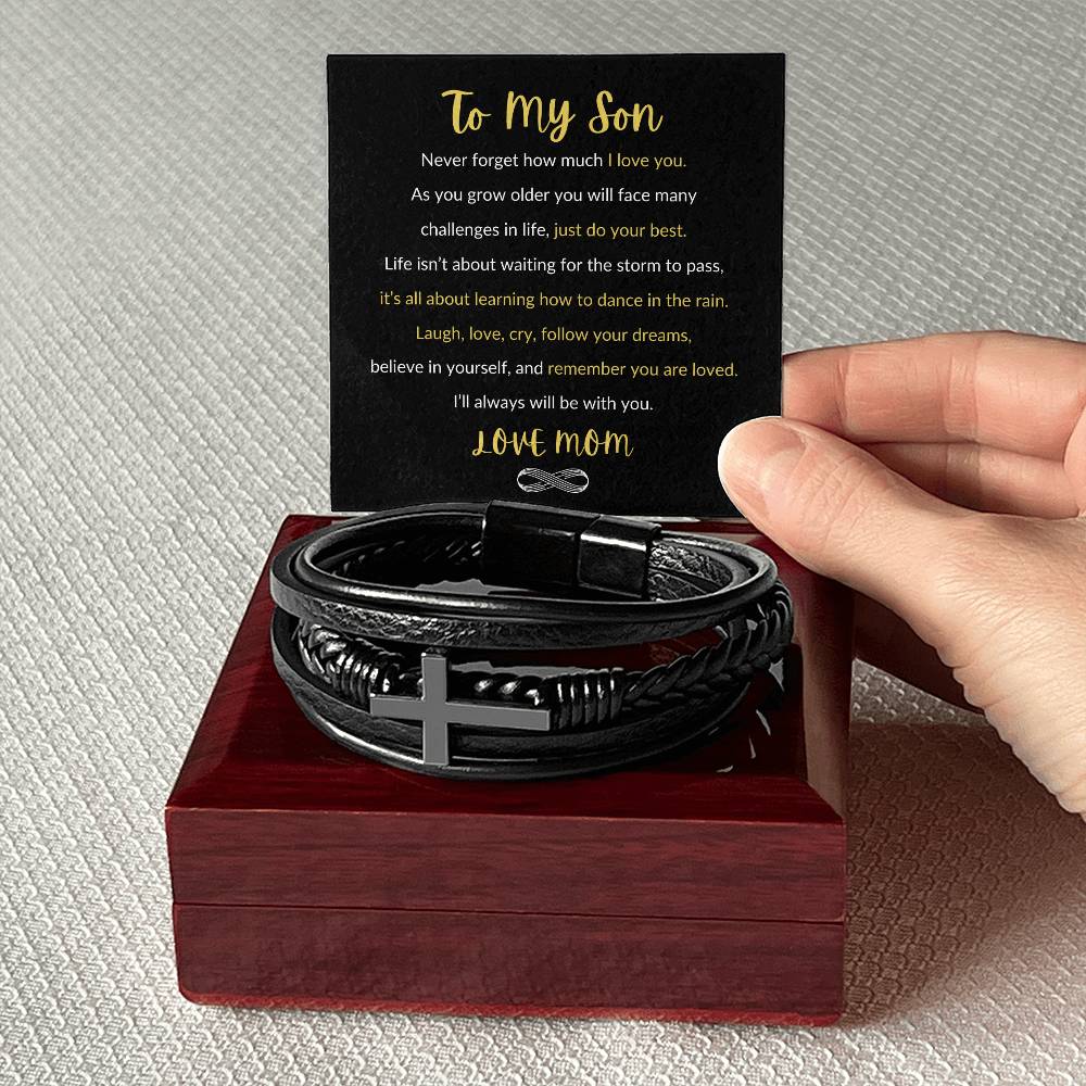 To My Son | Cross Leather Bracelet | Dance In The Rain | From Mom